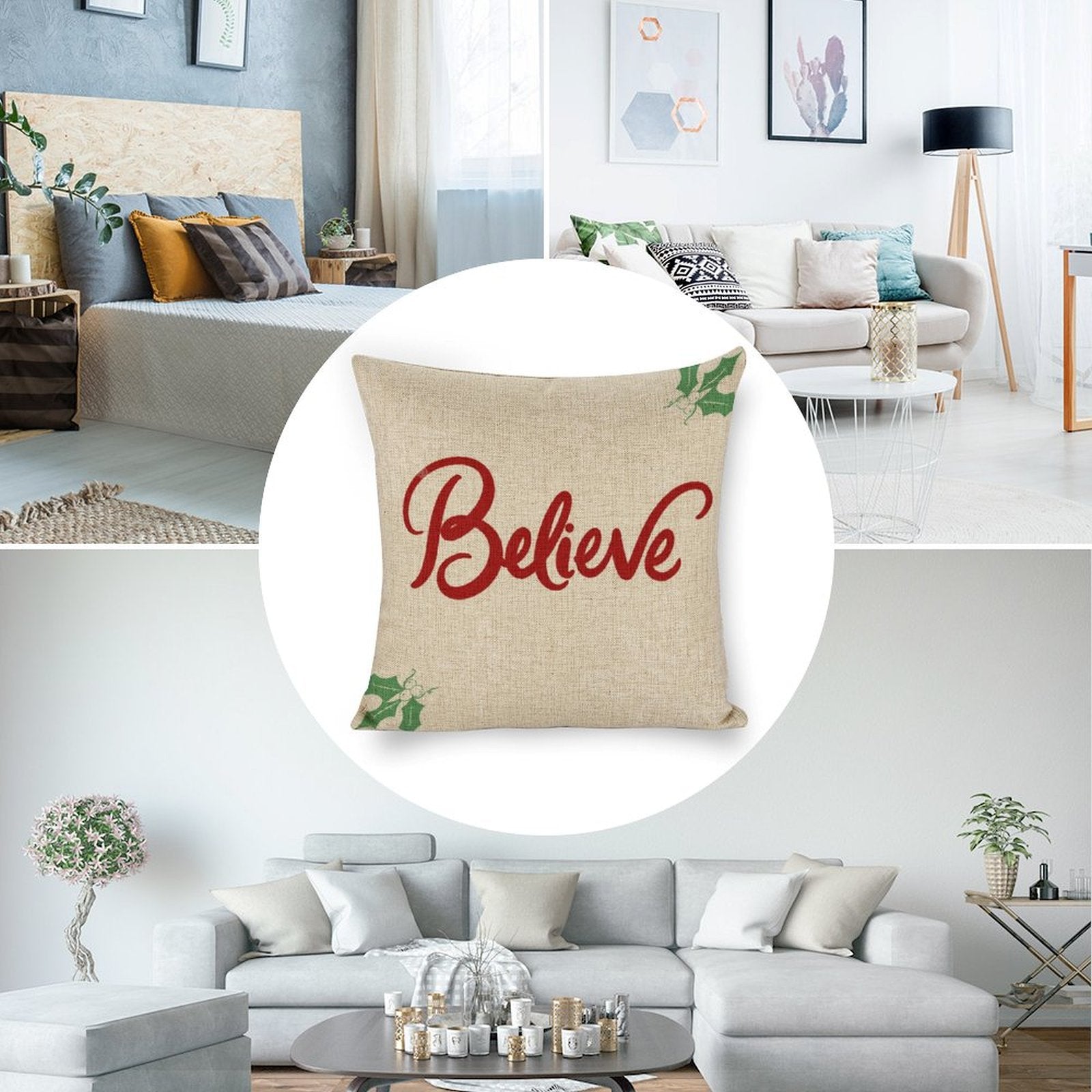 Linen pillow cover with red "Believe" text, Christmas themed sofa cushion, 18x18 inch square size, beige background.