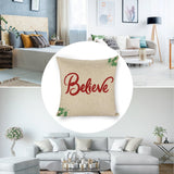 Linen pillow cover with red "Believe" text, Christmas themed sofa cushion, 18x18 inch square size, beige background.
