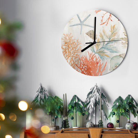 Coral ocean MDF wall clock for kitchen and living room decor, round clock with sea elements.