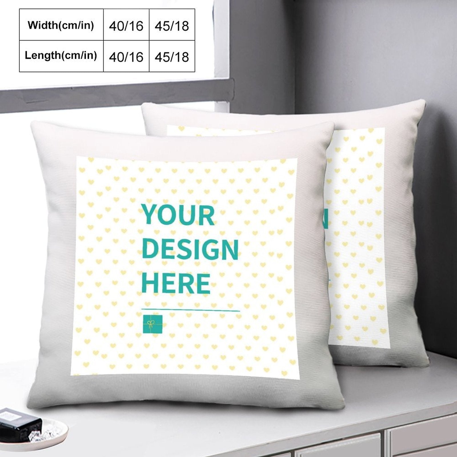 Customizable cotton linen throw pillow case with 'YOUR DESIGN HERE' text, personalized gift, perfect for living room decor