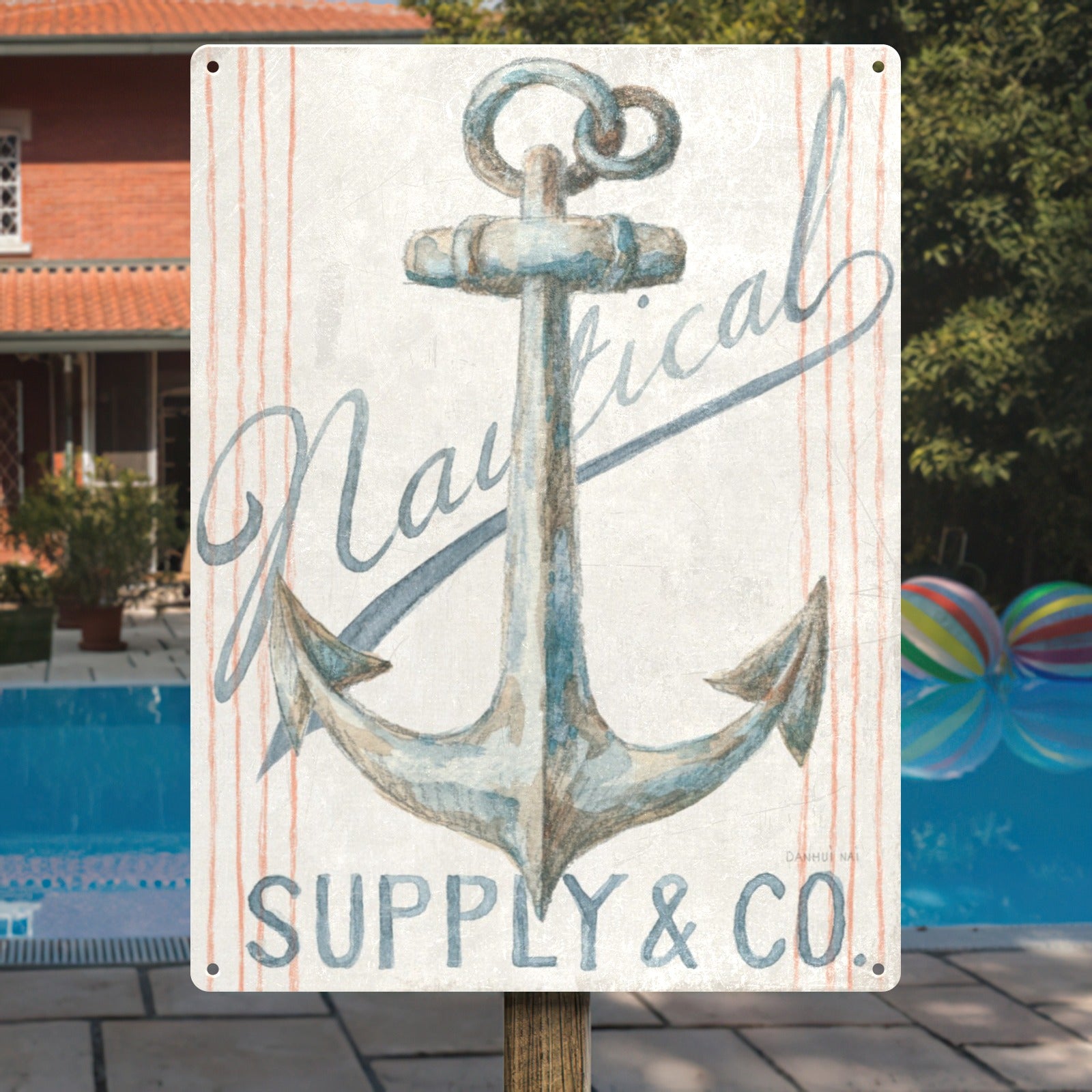 Vintage Nautical Anchor Metal Sign - Retro beach decor, iron wall art with Supply & Co text, perfect for home or gift.