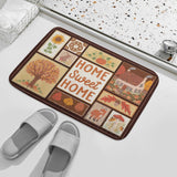 Coral velvet bath rug with 'HOME Sweet HOME' design, non-slip for bathroom or kitchen. Features autumn themed design.