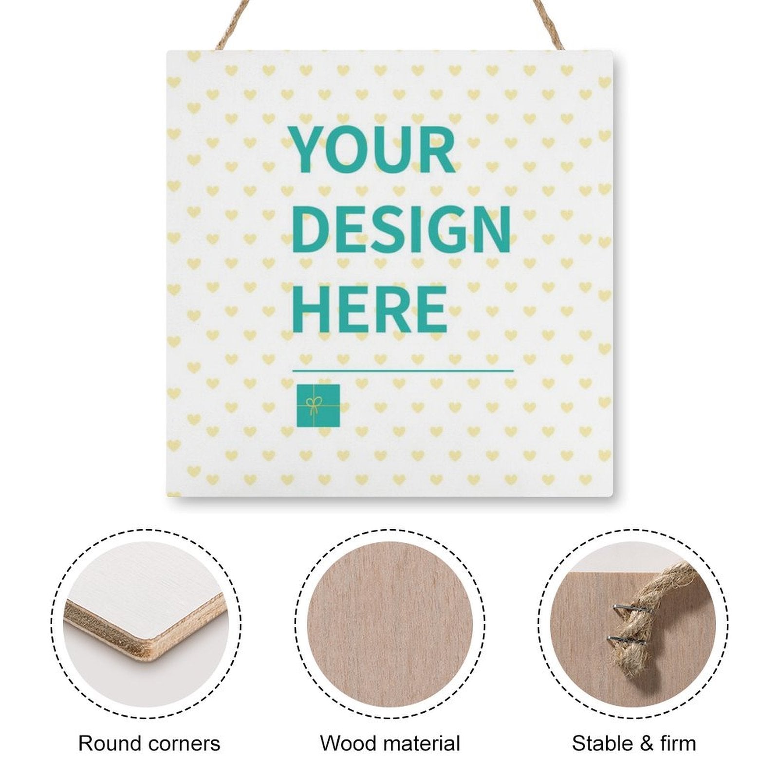 Customizable wood sign, farmhouse decor with "YOUR DESIGN HERE" text and hemp rope for home kitchen.