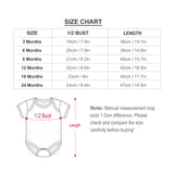 Baby bodysuit size chart with measurements for chest and length, helpful for parents to choose the perfect fit.