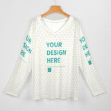 Customizable women's V-neck long sleeve tee. White shirt with heart pattern. Design your own shirt at MyArtsyGift