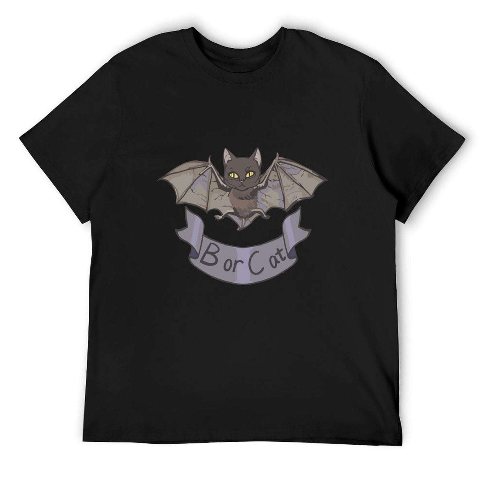 Men's black crew neck t-shirt with 'Bor or Cat' bat-cat design, classic tee for MyArtsyGift.