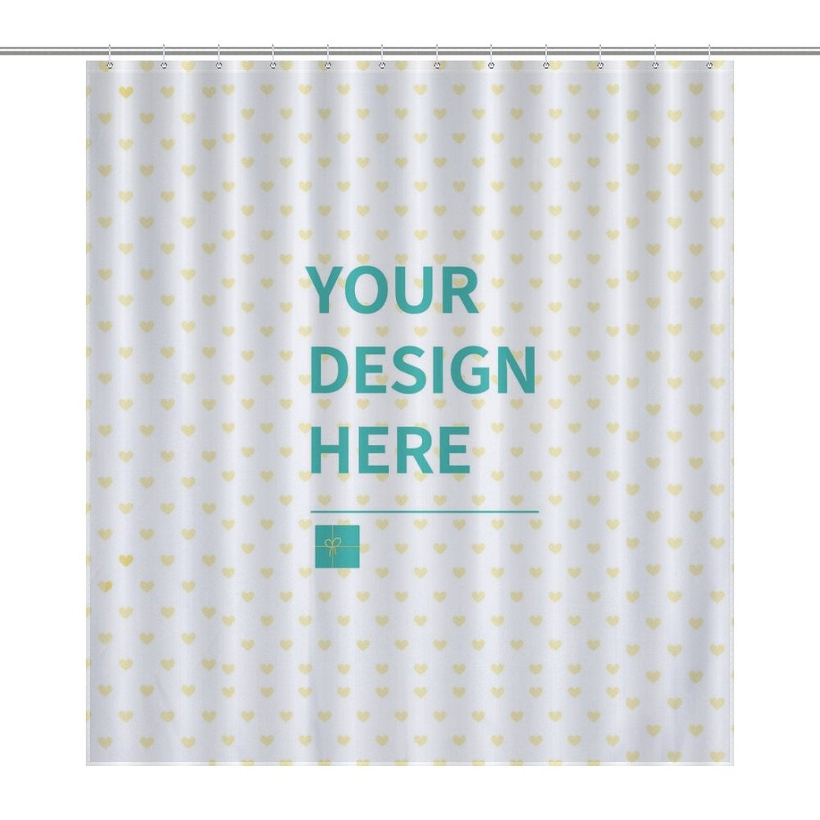 Custom shower curtain with YOUR DESIGN HERE text, heart pattern, polyester fabric for bathroom.