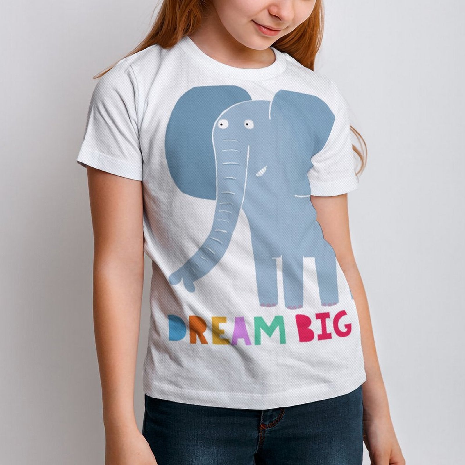 Kids white t-shirt with Dream Big elephant graphic, summer casual wear