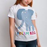 Kids white t-shirt with Dream Big elephant graphic, summer casual wear