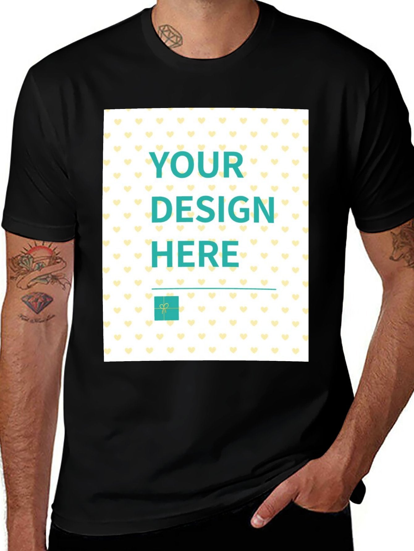 Custom black men's T-shirt with Your Design Here text and heart pattern, made in the USA