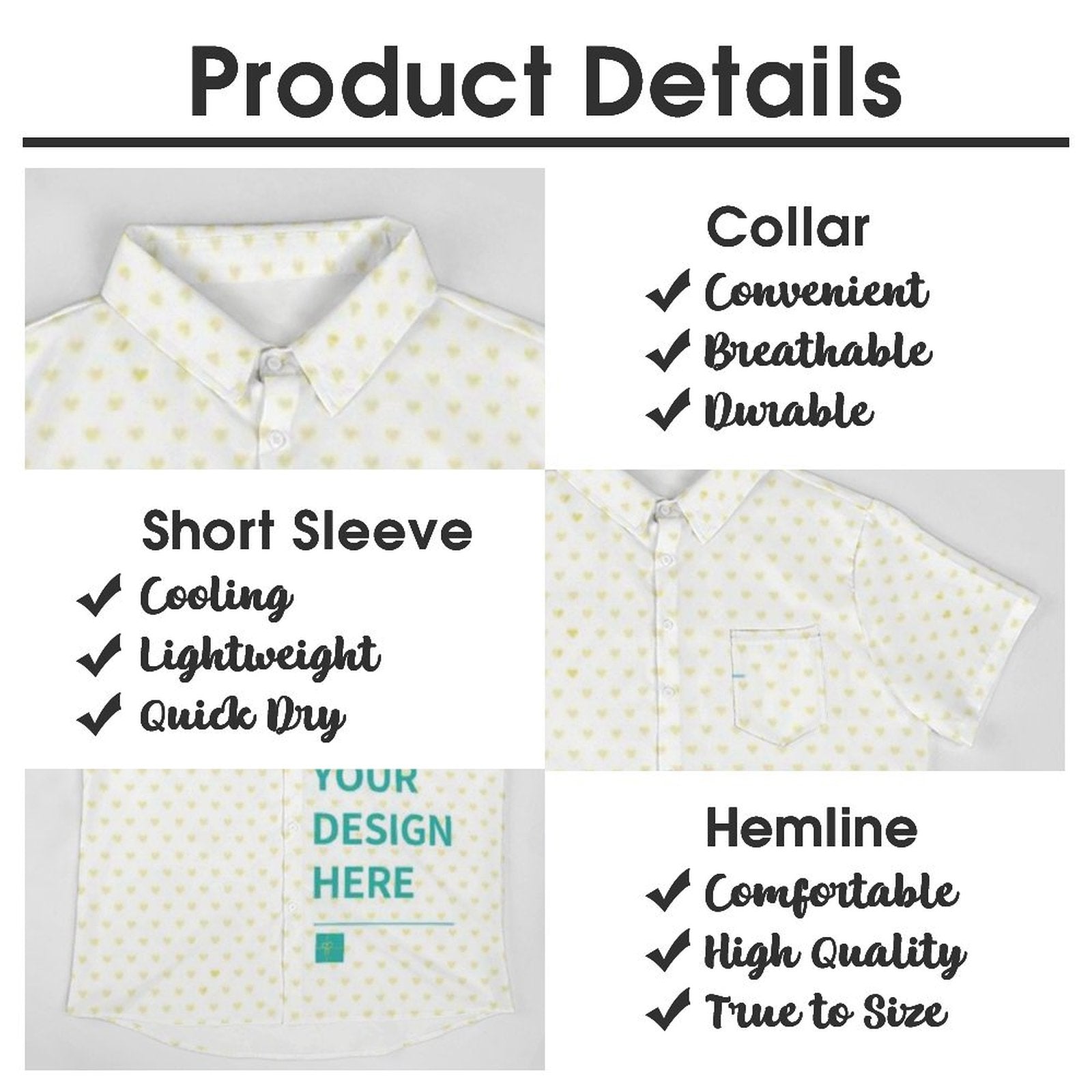 Custom short sleeve button-down shirt with heart pattern, personalized design, featuring YOUR DESIGN HERE