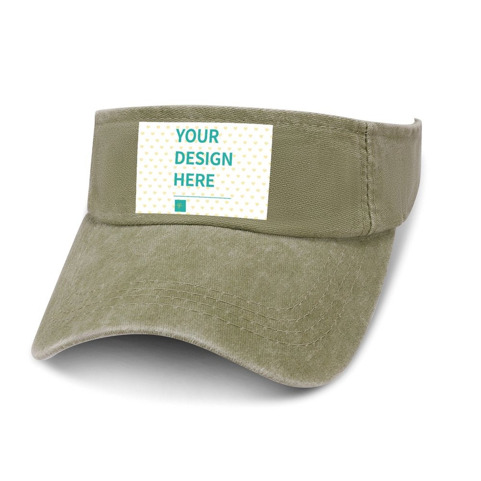 Customizable khaki visor hat with 'YOUR DESIGN HERE', sun protection for men and women, perfect for outdoor activities.