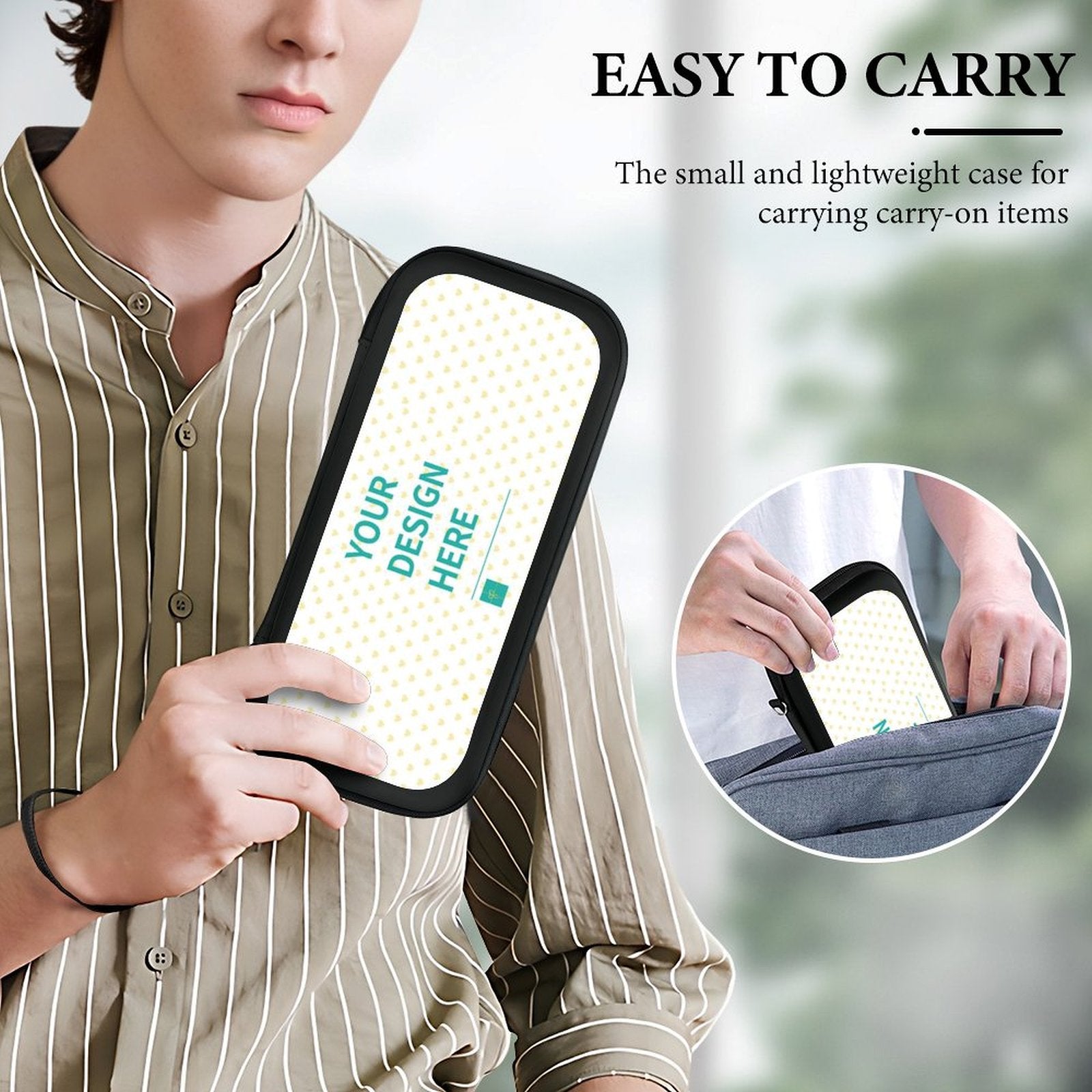 Custom Nintendo Switch carrying case, easy to carry design, featuring 'YOUR DESIGN HERE' text and perfect for travel.