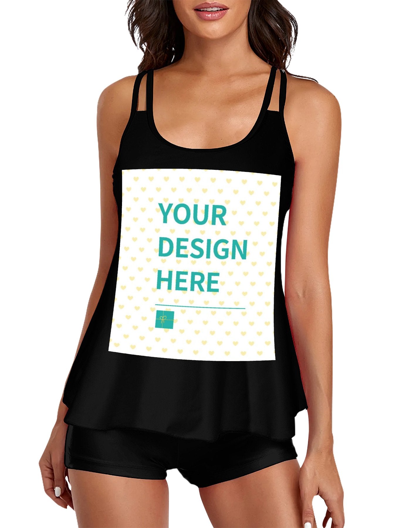 Customizable black swimsuit with YOUR DESIGN HERE, perfect for beaches and vacations.