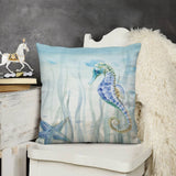 Seahorse and Starfish Throw Pillow Cover. Soft plush, decorative pillow for sofa and living room.