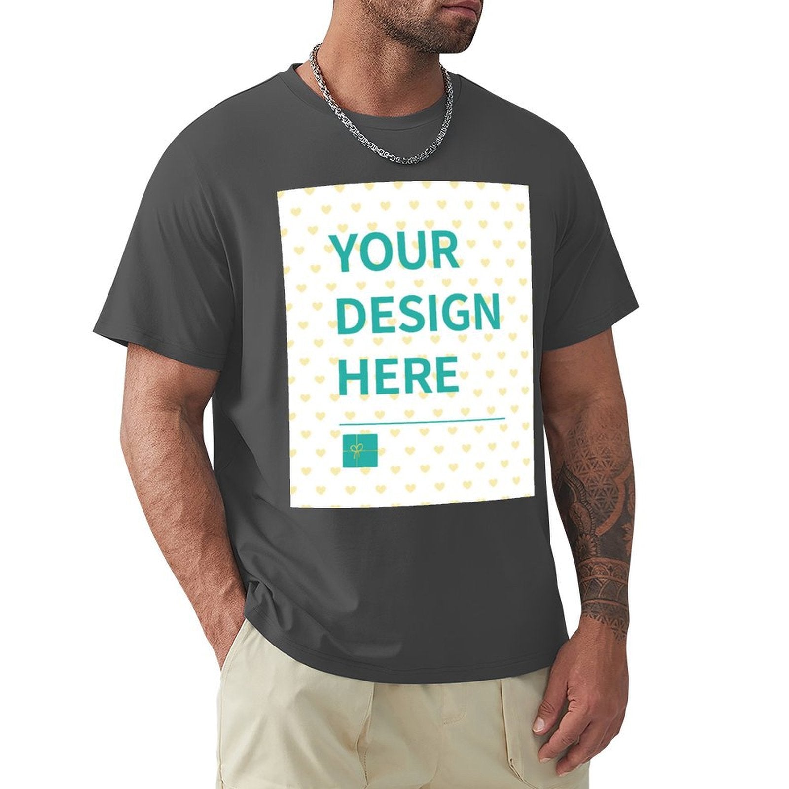 Men's dark gray t-shirt with customizable 'YOUR DESIGN HERE' design, comfortable cotton fabric, MyArtsyGift