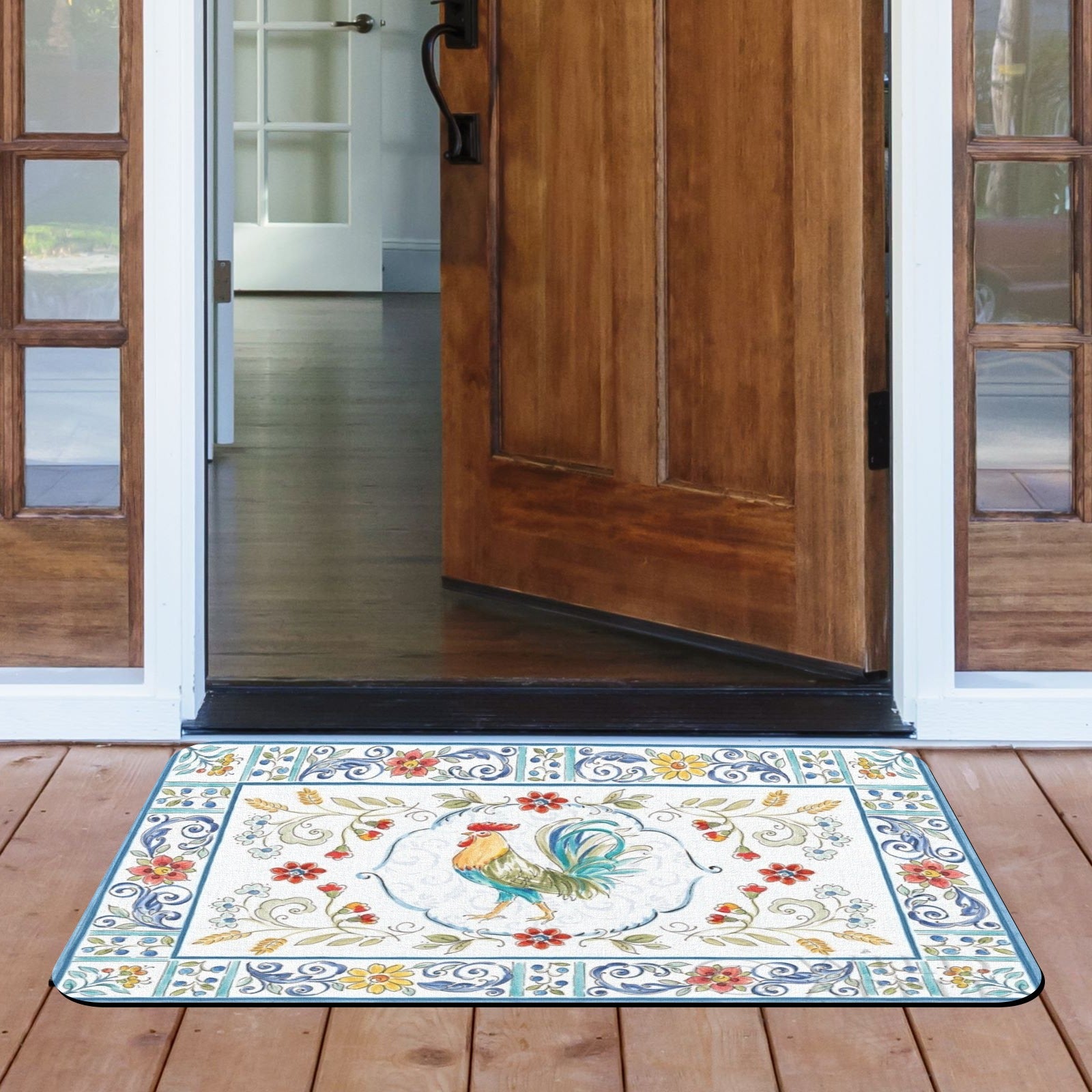 Rooster design door mat for indoor or outdoor use, farmhouse style entrance decor
