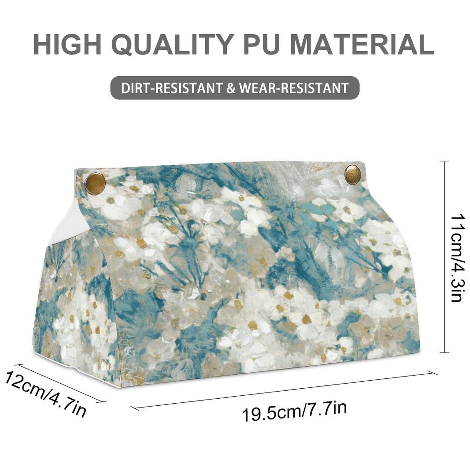 PU tissue box cover with floral art. High quality, wear-resistant, rectangular holder for bathroom, kitchen or office.