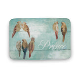 Coral velvet bathroom rug with bird watercolor print and 'Prince' text, non-slip, for bathrooms