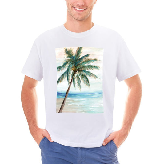 Men's white t-shirt with a palm tree art print, perfect for casual wear and expressing individuality.