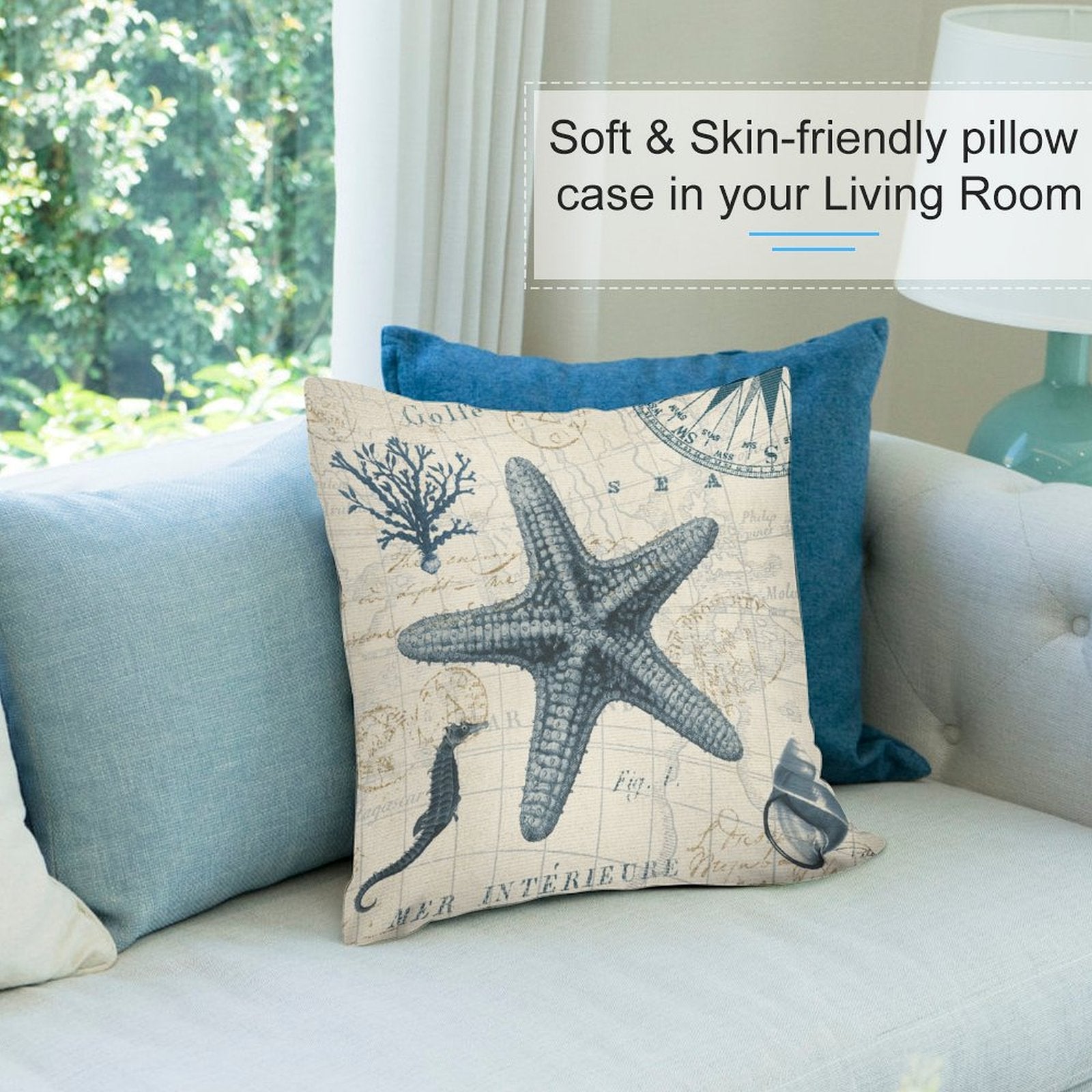 Soft plush pillow cover with starfish, vintage map design for living room decor. Skin-friendly and comfortable.