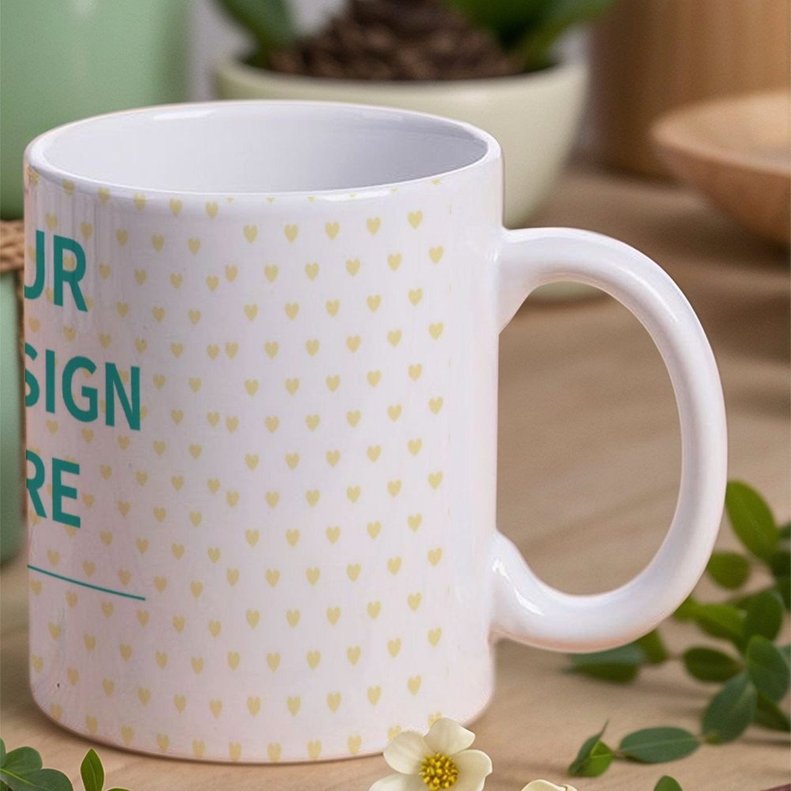 Custom white ceramic mug with yellow heart pattern and "YOUR DESIGN HERE" for personalized gifts. Perfect for home or office.