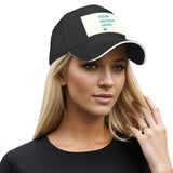 Custom black baseball cap with white brim and "YOUR DESIGN HERE" area, personalized gifts available