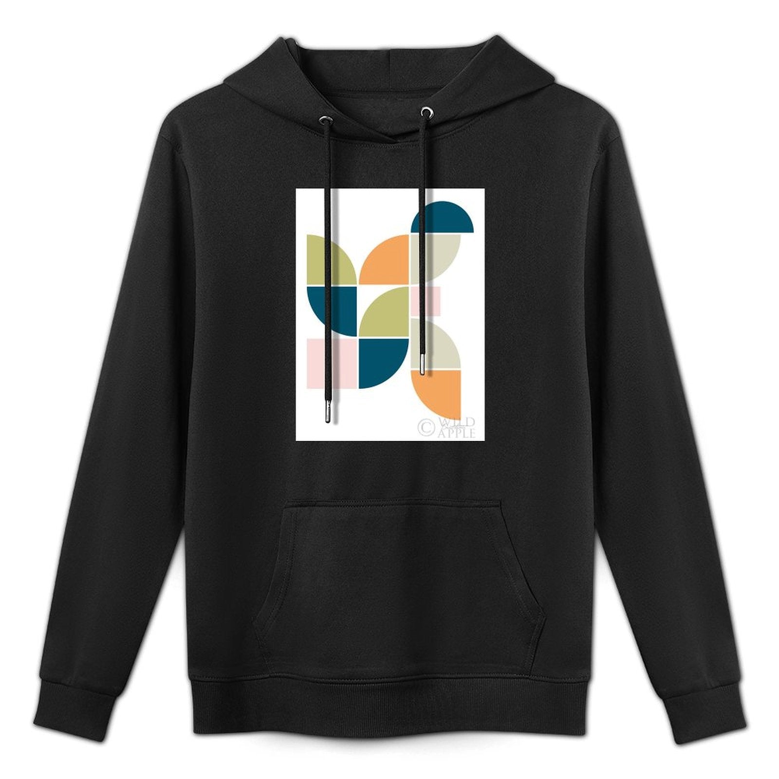 Men's black Stick Hooded Sweatshirt with mid-century geometric design, made in USA, featuring Wild Apple art