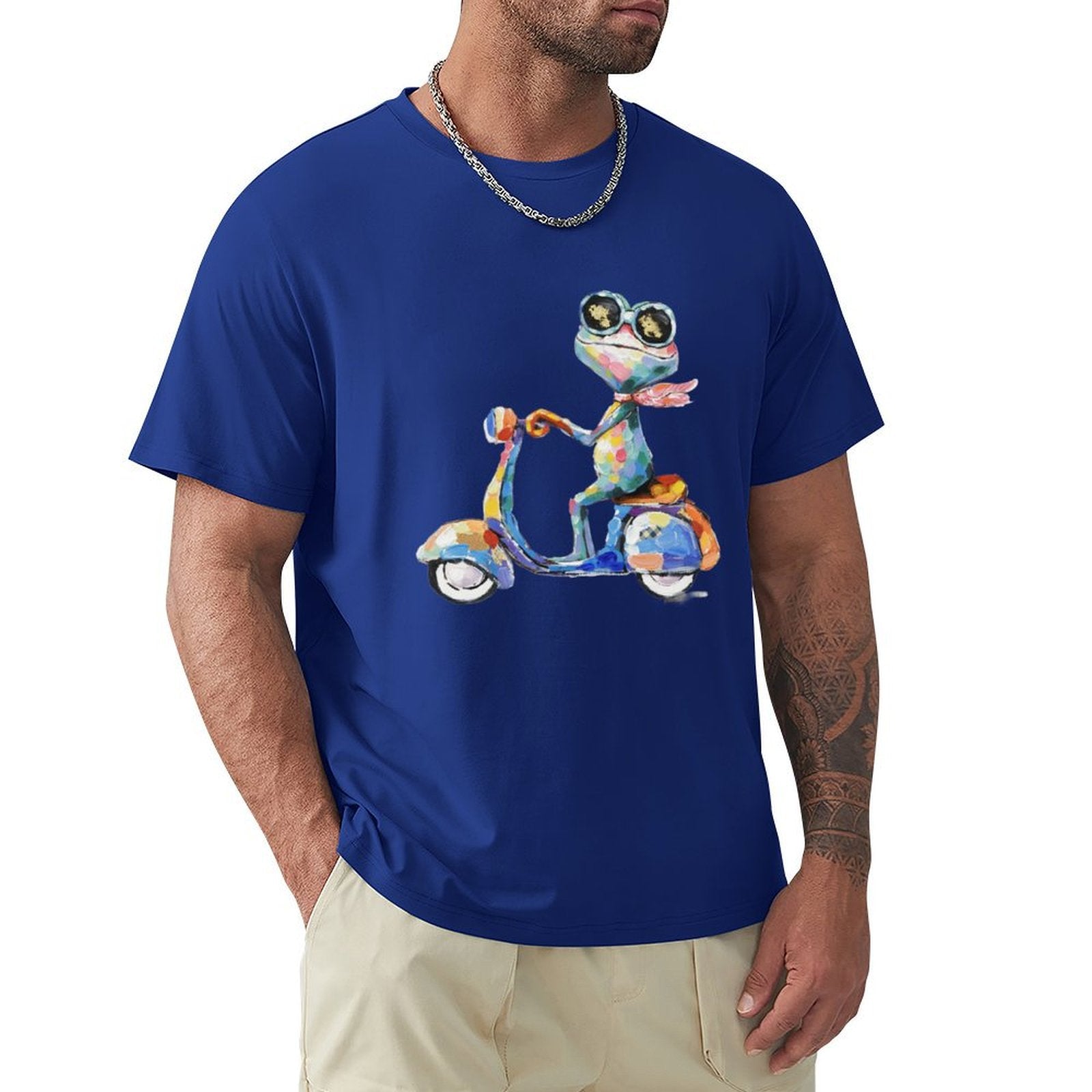 Men's blue short sleeve tee with frog scooter design. Breathable cotton, perfect for art lovers, MyArtsyGift.