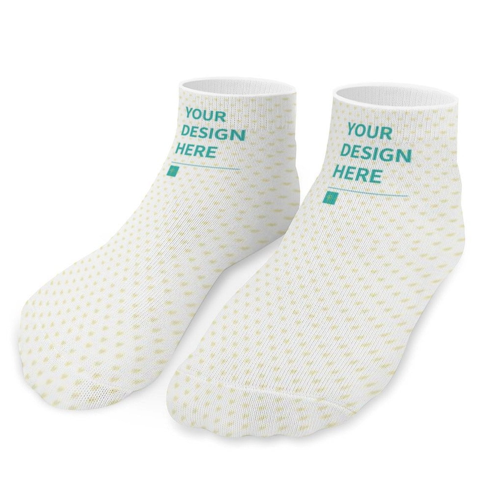 Customizable socks featuring 'YOUR DESIGN HERE' text, soft polyester material.