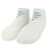 Customizable socks featuring 'YOUR DESIGN HERE' text, soft polyester material.