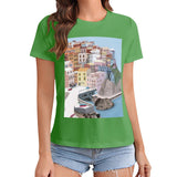 Green graphic tee featuring coastal town print, perfect for casual wear from MyArtsyGift.