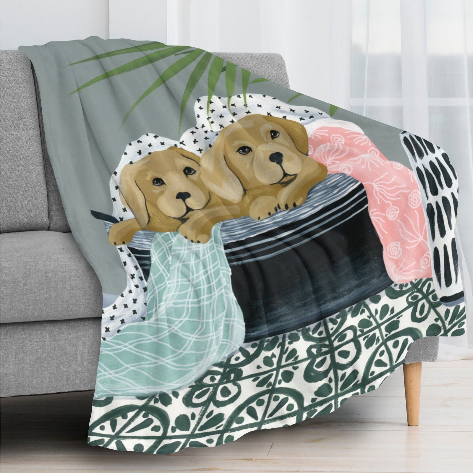 Laundry Dogs Flannel Blanket on sofa, USA made puppy art, soft and cozy. Perfect for couch or bed.