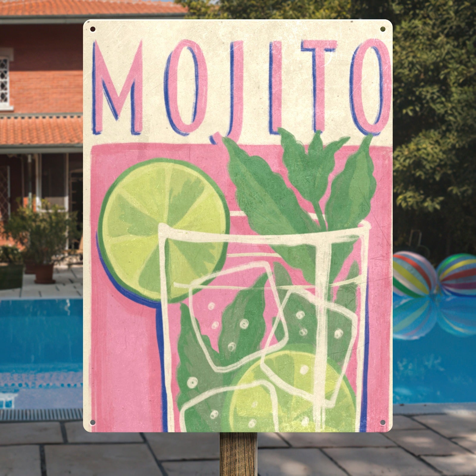 Mojito cocktail tin sign, iron wall art for bar decor. Colorful drink illustration, made in USA.