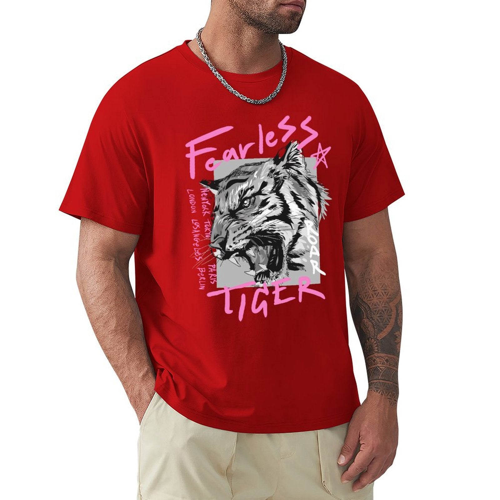 Red Fearless Tiger graphic tee for men. Cotton crew neck t-shirt, comfortable fit, perfect for everyday wear.