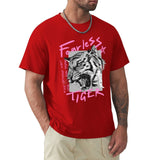 Red Fearless Tiger graphic tee for men. Cotton crew neck t-shirt, comfortable fit, perfect for everyday wear.