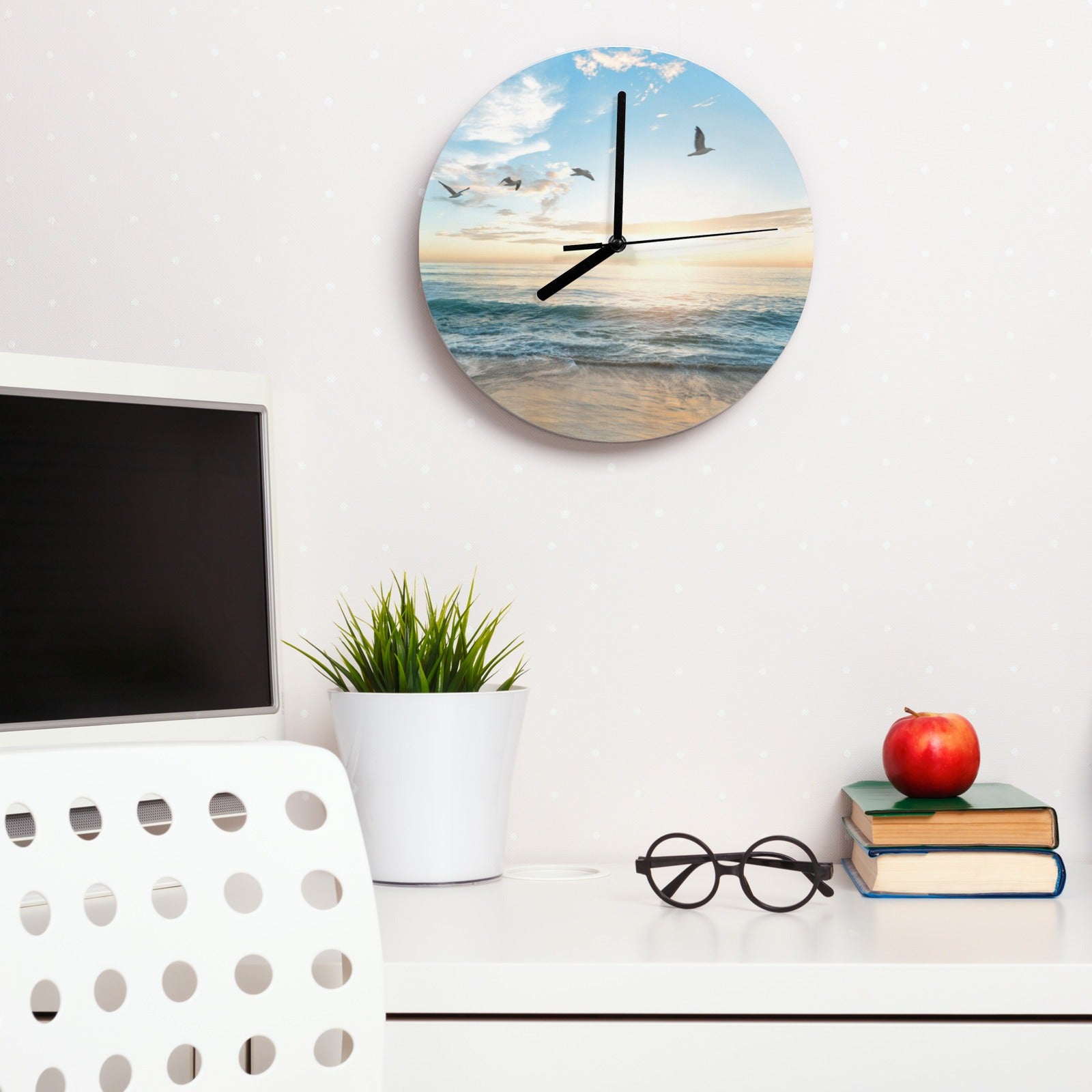 Modern blue beach MDF wall clock with seagull design, ideal for living room, kitchen or office decor.