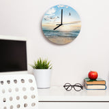 Modern blue beach MDF wall clock with seagull design, ideal for living room, kitchen or office decor.