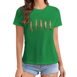 Green women's t-shirt with feather print, casual style, MyArtsyGift.