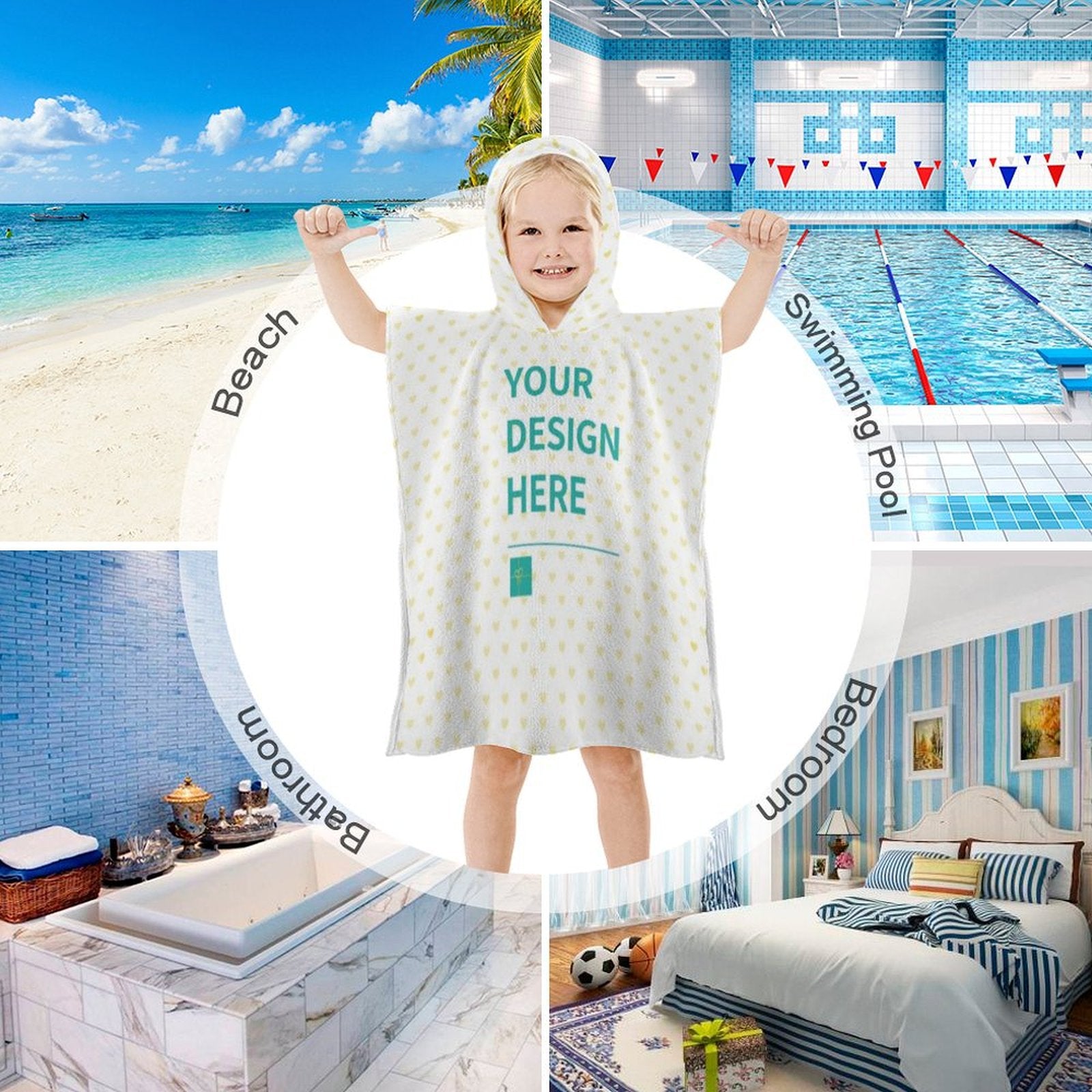 Customizable baby hooded towel with 'YOUR DESIGN HERE', perfect for bath, beach, or pool. Soft, absorbent towel for kids.