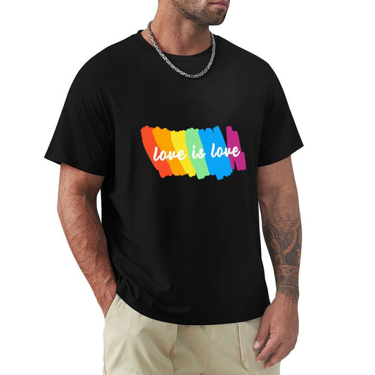 Black men's crew neck t-shirt with rainbow 'love is love' design, classic tees for men