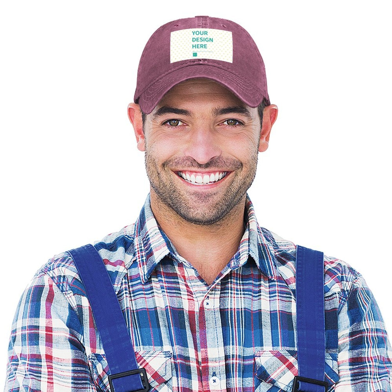 Custom burgundy baseball cap for men and women with 'YOUR DESIGN HERE' design, denim material