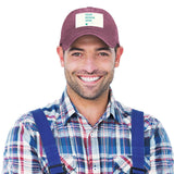 Custom burgundy baseball cap for men and women with 'YOUR DESIGN HERE' design, denim material