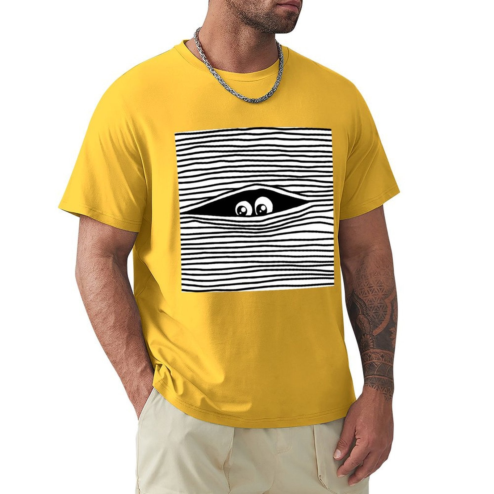 Men's yellow crew neck t-shirt with eye graphic. Breathable cotton tee by MyArtsyGift.