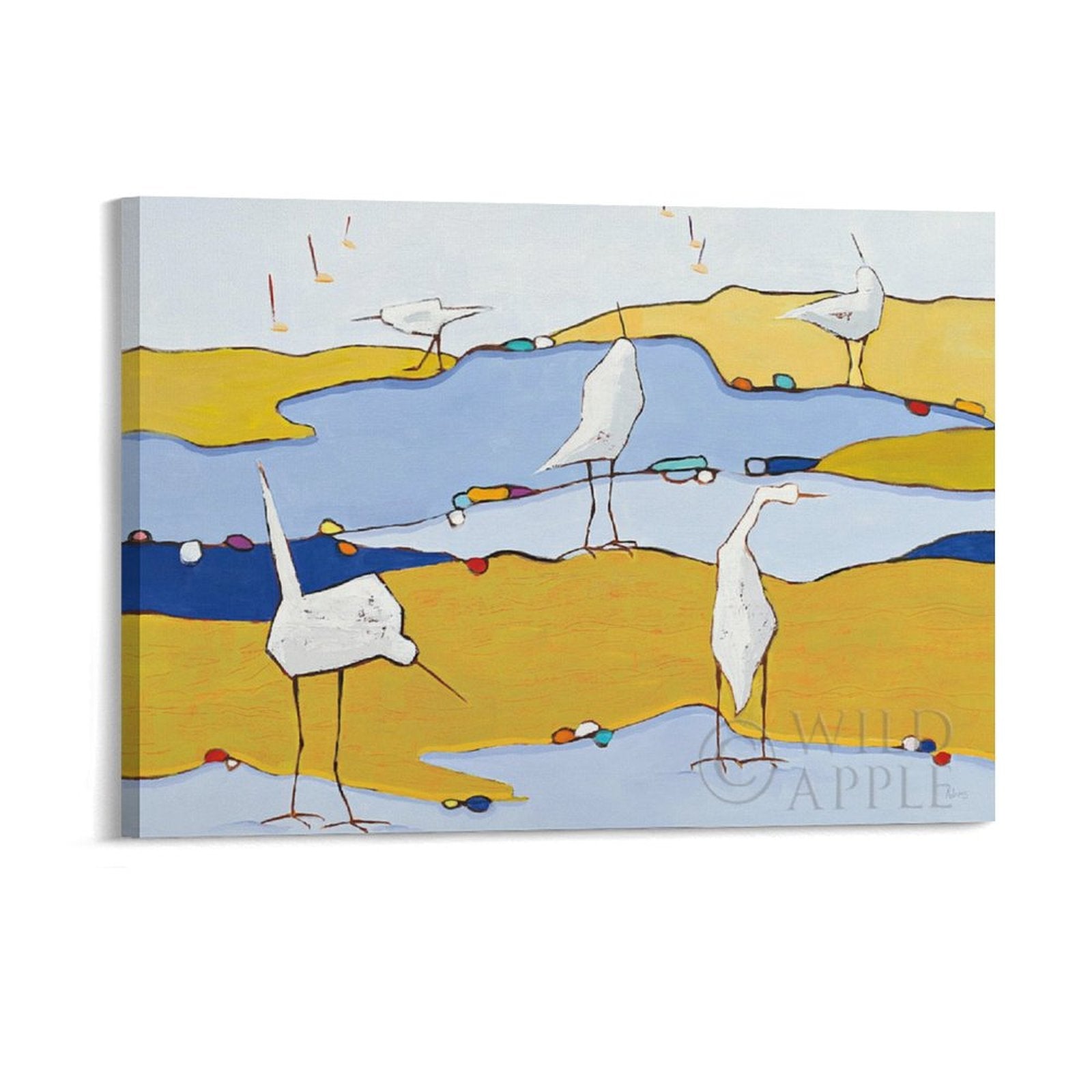 Abstract canvas print with white birds on a yellow and blue landscape, Wild Apple design, perfect for home decor.
