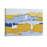 Abstract canvas print with white birds on a yellow and blue landscape, Wild Apple design, perfect for home decor.
