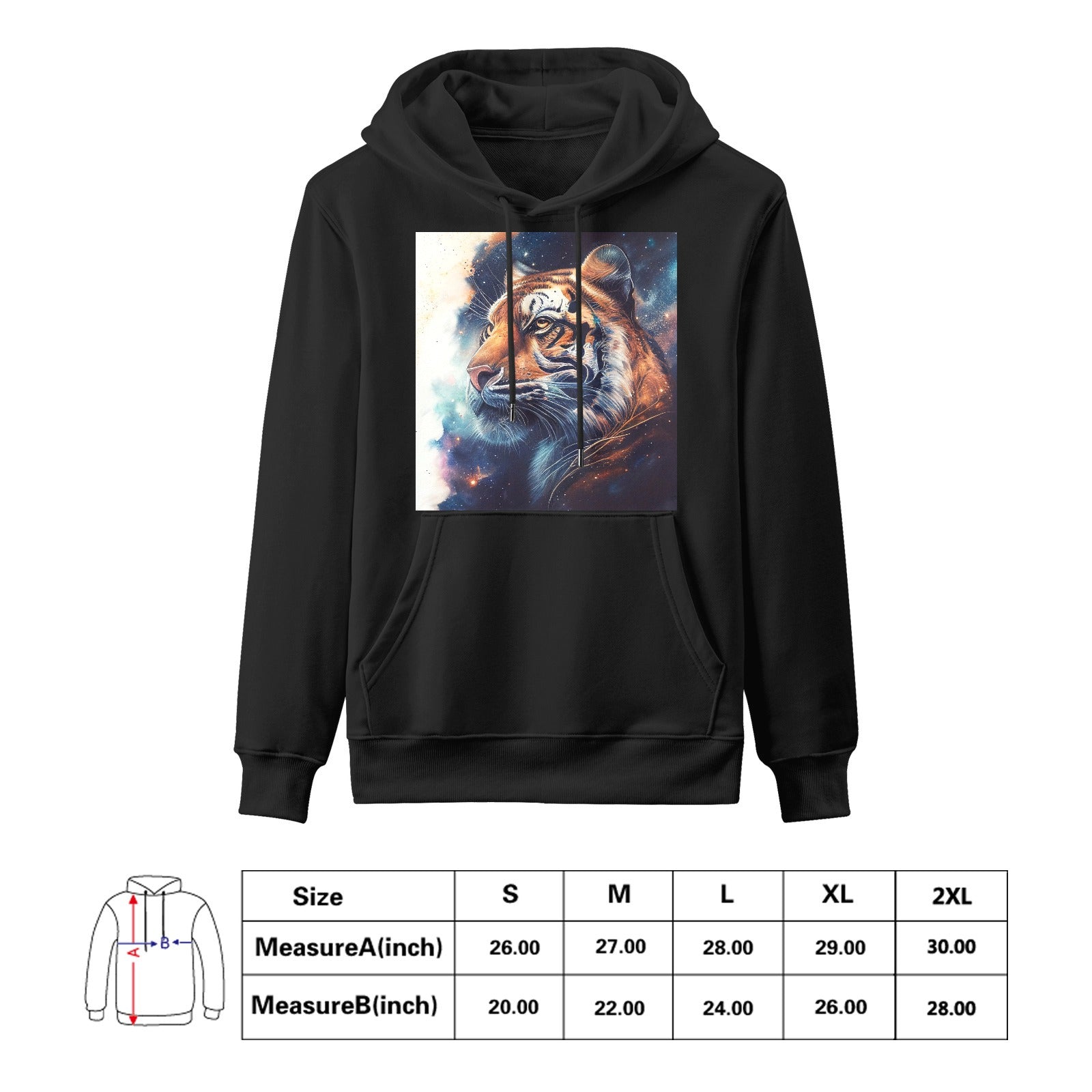 Majestic Tiger Astro Cruise Black Hoodie. Cotton sweatshirt with cosmic tiger design for men. Multiple sizes.