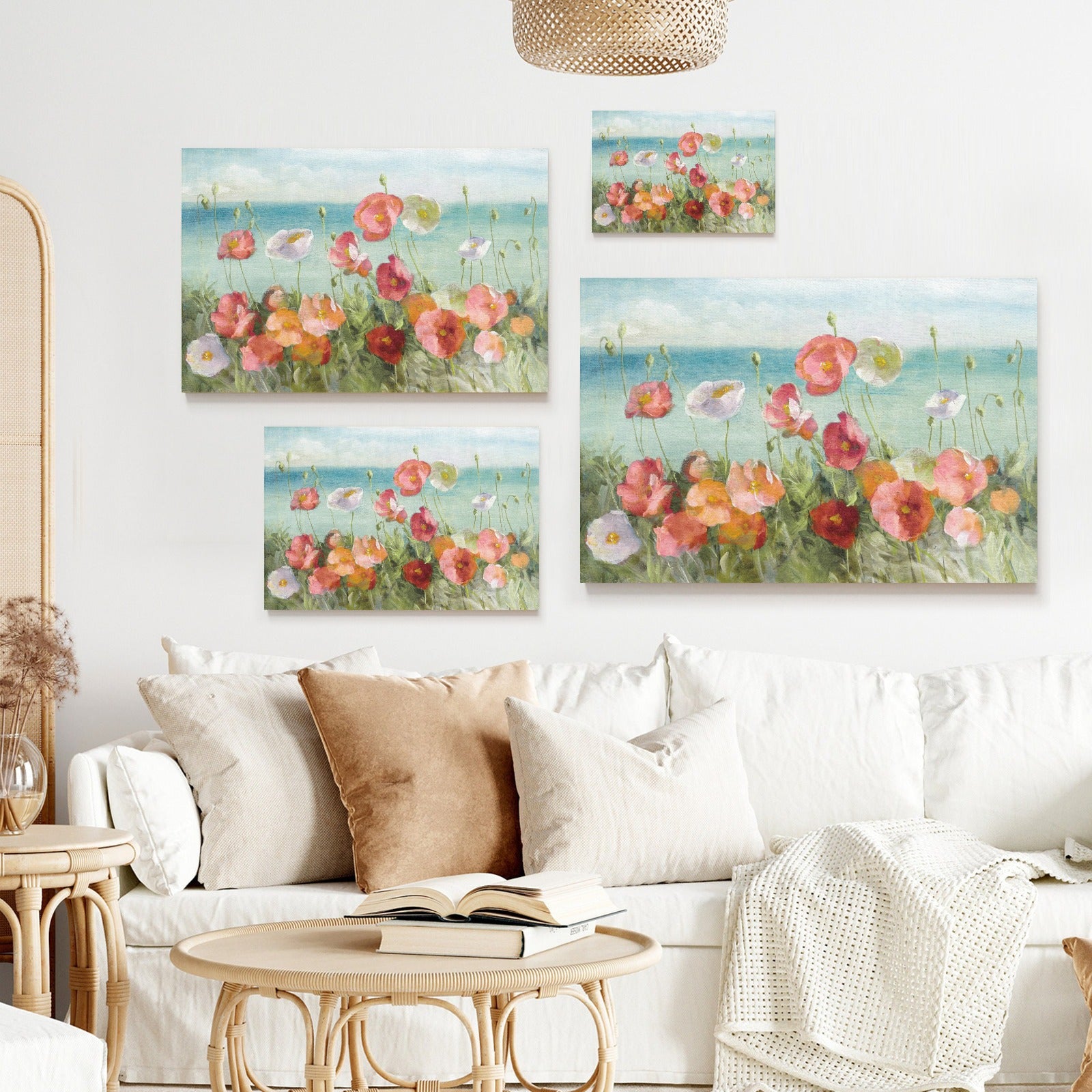 Coastal poppies beach flower canvas print set, wall art for living room or bedroom decor, made in USA.