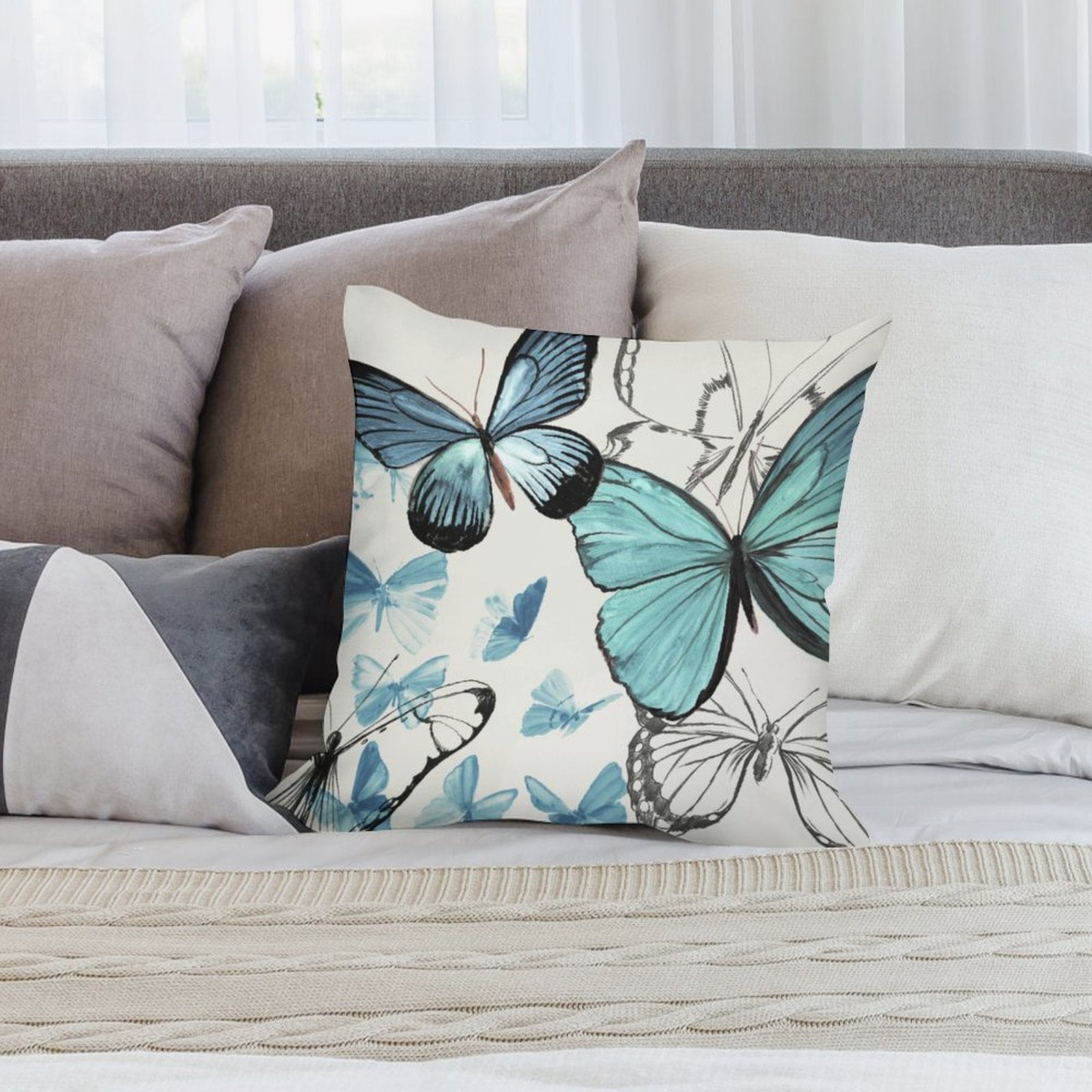 Soft short plush pillow cover with blue watercolor butterfly design, perfect for sofa and living room decor