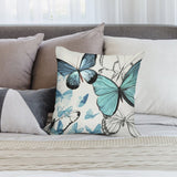 Butterfly pillow cover, soft plush, for sofa or couch decor. Decorative cushion with blue butterfly print.